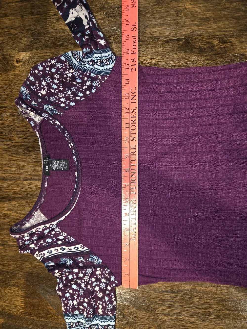 Rue21 Purple Ribbed Scoop‎ Neck Top with Patterned Raglan Sleeves